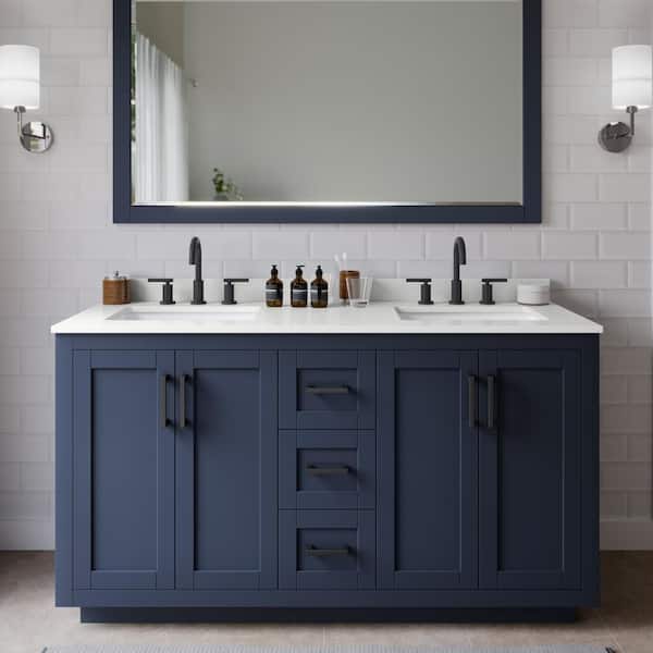 Wyndham Collection Miranda 60 in. W x 22 in. D x 33.75 in. H Double Bath Vanity in Dark Blue with White Quartz Top and 58 in. Mirror
