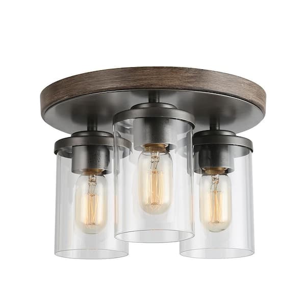 LNC Industrial Black Round Flush Mount Light with Cluster Cylinder Clear Glass Shades Rustic Faux Wood 3-Light Ceiling Lamp