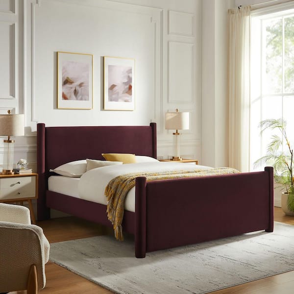 Rael Purple Wood Frame King Platform Bed with Upholstered Headboard and Footboard