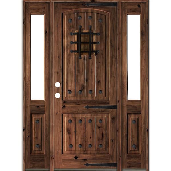 Krosswood Doors 76 in. x 96 in. Medit. Knotty Alder Right-Hand/Inswing Clear Glass Red Mahogany Stain Wood Prehung Front Door w/DHSL