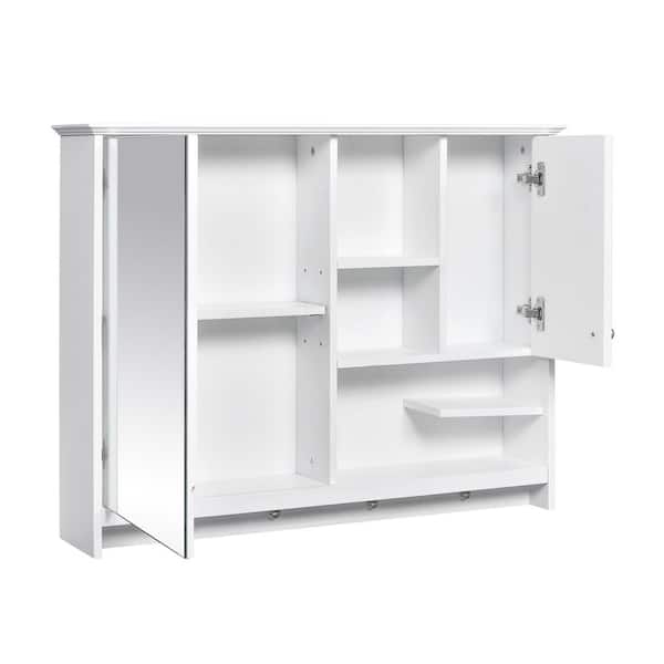 36 in. W x 28 in. H Rectangular MDF Medicine Cabinet with Mirror White Bathroom Storage Cabinet with Towel Hooks