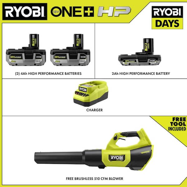 ONE+ 18V HIGH PERFORMANCE Kit w/ (2) 4.0 Ah Batteries, 2.0 Ah Battery, Charger, & FREE ONE+ HP Brushless Leaf Blower