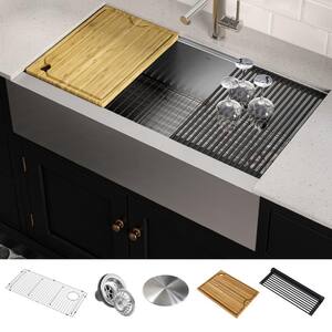 Kore Workstation Farmhouse/Apron-Front Stainless Steel 36 in. Single Bowl Kitchen Sink with Accessories