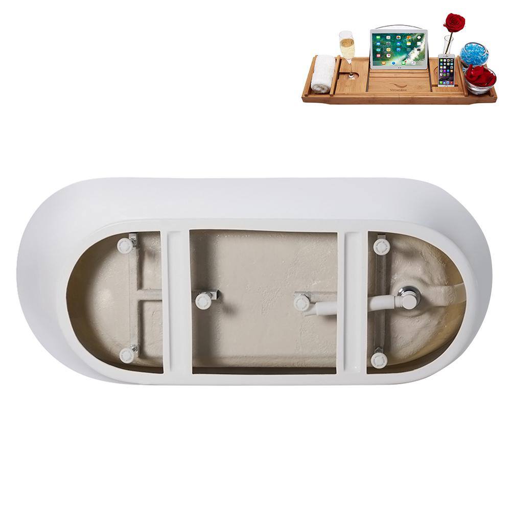 67" Glossy White Acrylic Freestanding Soaking Tub with Polished Brass Drain and Bamboo Tray