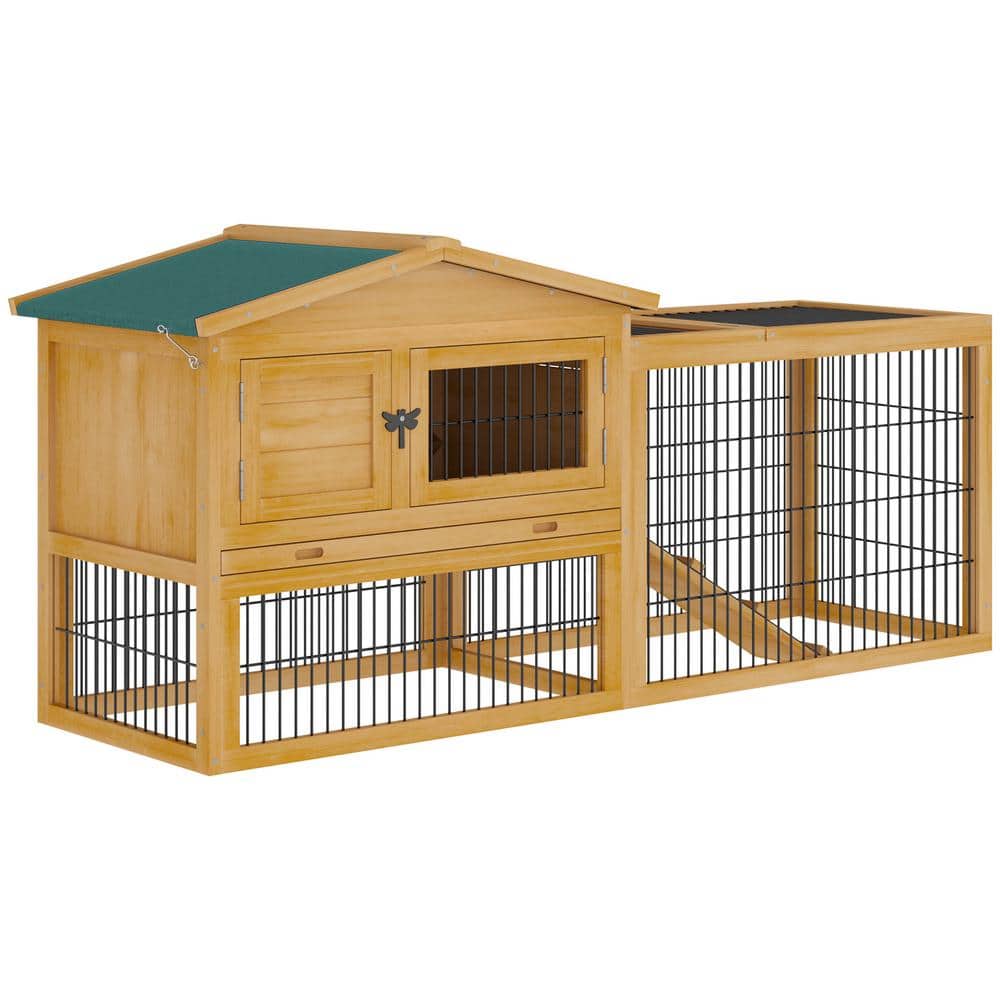 Beige Wooden Guinea Pig Hutch with Ramp and Waterproof Roof