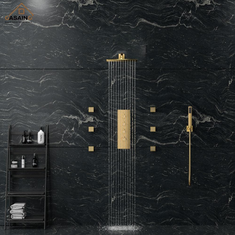 Brushed Gold Thermostatic Wall Mounted Rainfall Shower System with Body Jets
