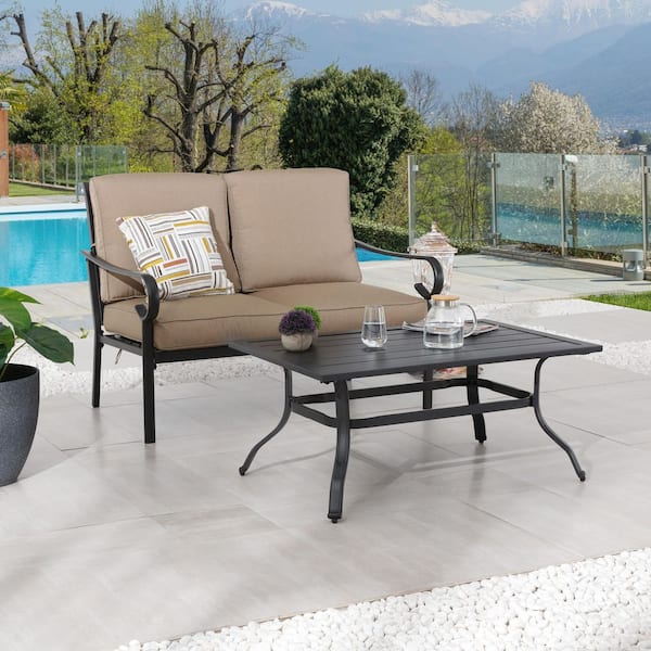 TOP SPACE 2-Piece Metal Patio Conversation Set with Khaki Cushions