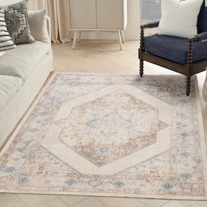 Astra Machine Washable Ivory Blue 5 ft. x 7 ft. Center medallion Traditional Area Rug