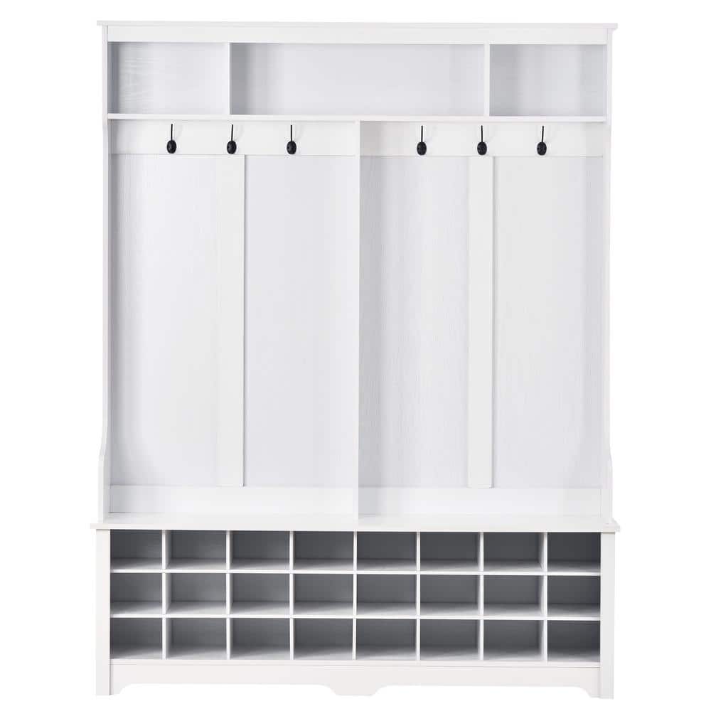 White Hallway Coat Rack Entryway Bench Hall Tree with Metal Hooks and 24 Sh