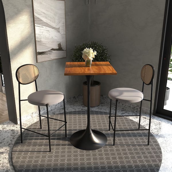 Verve 24 in. Wide Square Bar Height Dining Table MDF Wood Tabletop in White Stainless Steel Pedestal Base, Cognac Brown