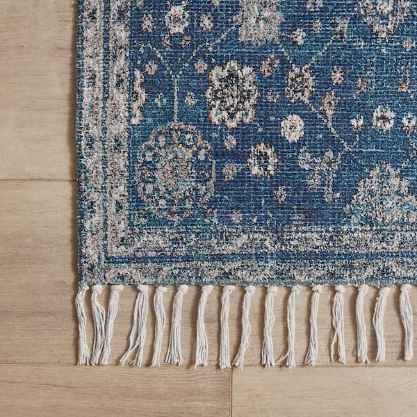 Chinille Fringe Machine Washable Blue 2 ft. x 9 ft. Floral 2-Piece Area Rug Set