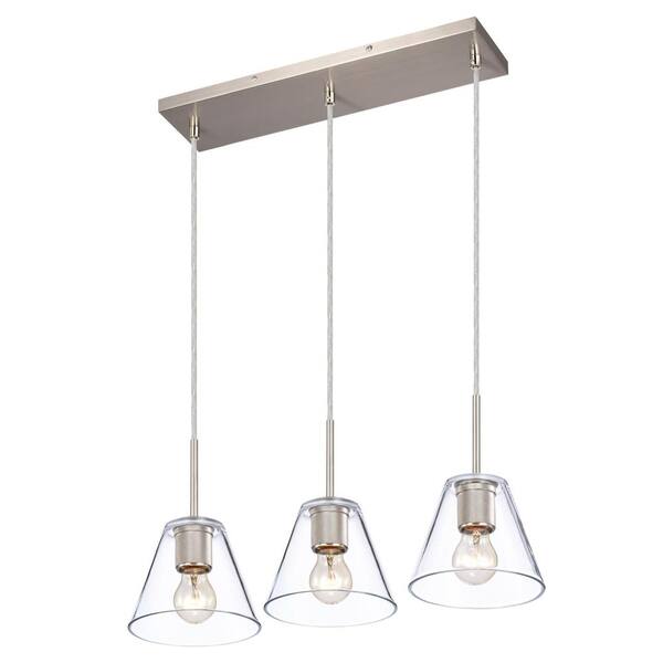 C Cattleya 3-Light Satin Nickel Hanging Pendant Light with Clear Glass Shade