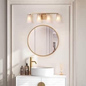 28 in. Modern Farmhouse Bathroom Vanity Light, 4-Light Contemporary Gold Wall Sconces with Bell Frosted Glass Shades