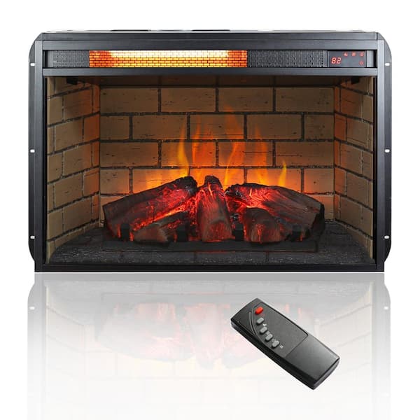 Runesay Vintage 26 in. Infrared Quartz Heater Electric Fireplace Insert Woodlog Version with Brick, Realistic Flame