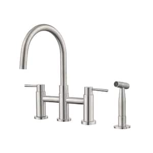 Double Handle Bridge Kitchen Faucet with Side Sprayer, Deck Mount 4 Holes Kitchen Sink Faucet in Brushed Nickel