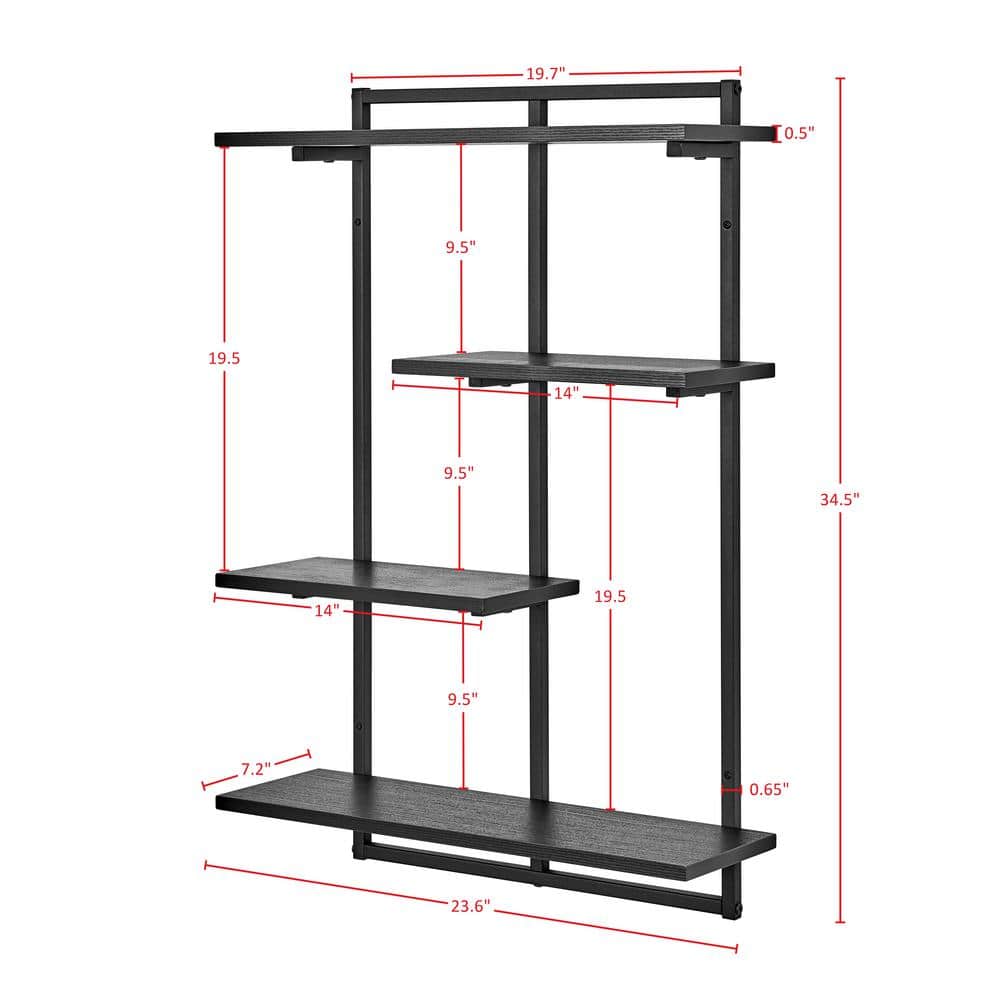 Rhodes Black Iron and Wood 4-Tier Floating Wall Shelf Unit