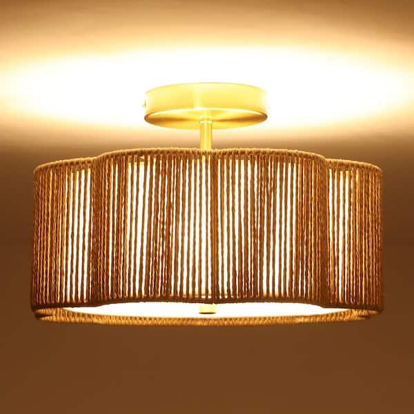 ETONIMERR 13 in. 3-Light Vintage Brass Woven Rattan Pendant Light