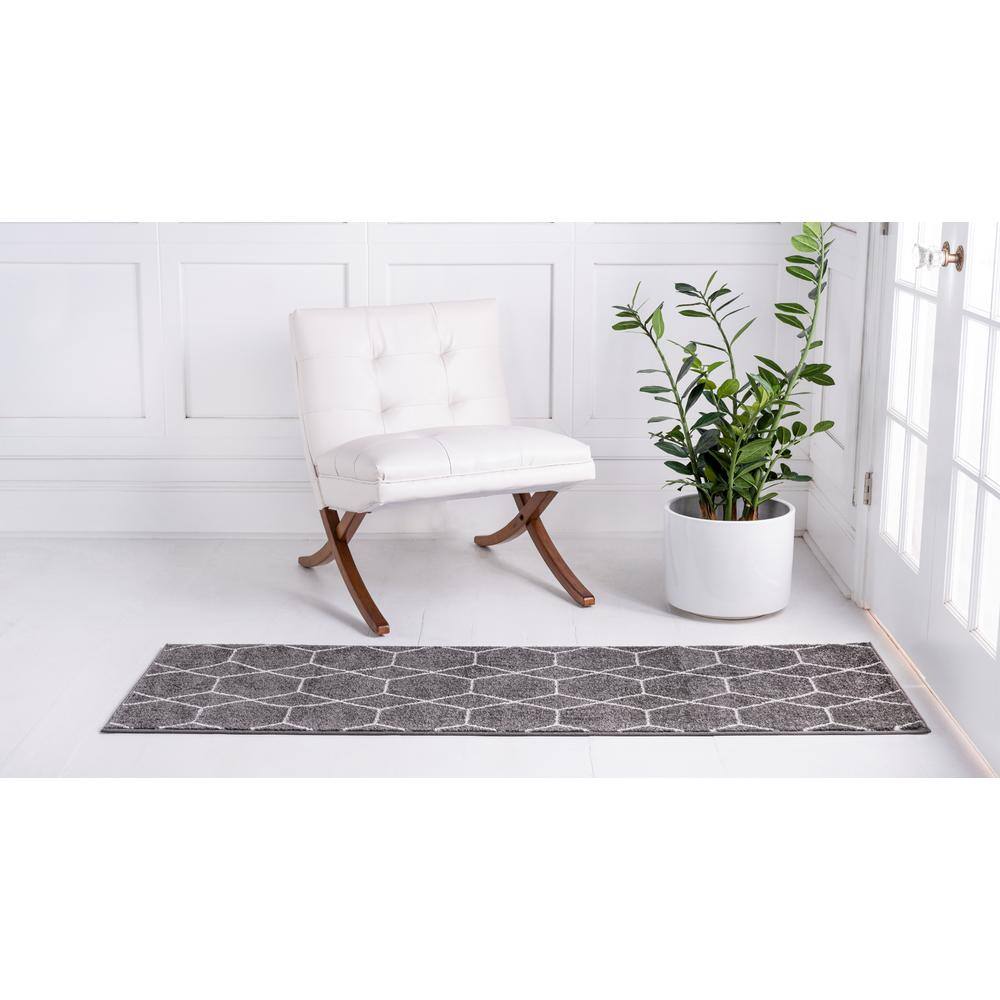 Dark Gray and Ivory Geometric Trellis Runner Rug