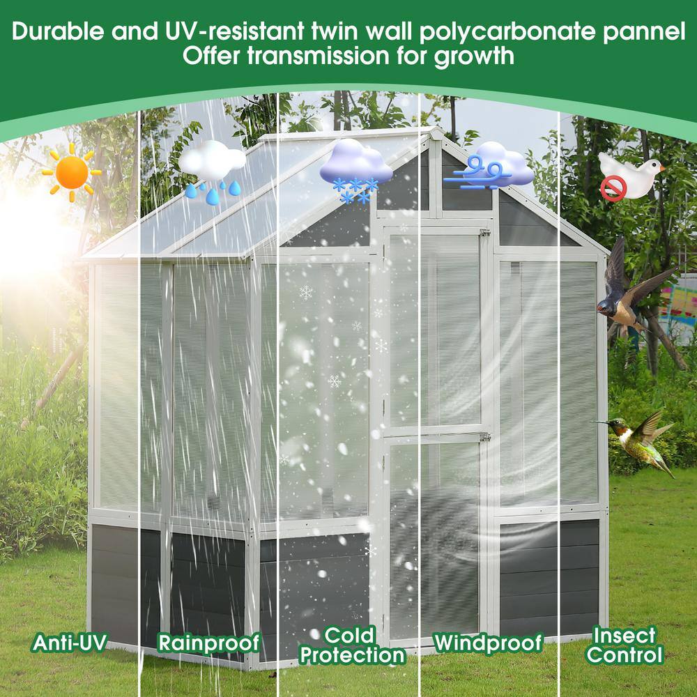White and Gray Polycarbonate Walk-In Greenhouse with Pine Wood Frame