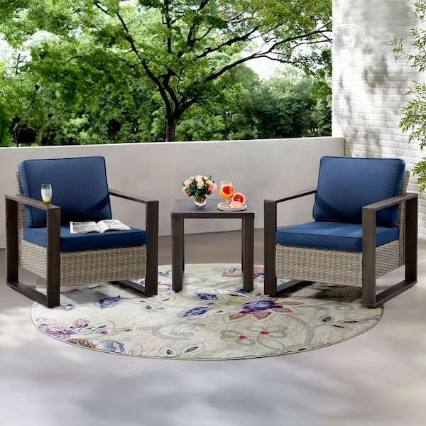 JOYSIDE 3-Piece Wicker Outdoor Lounge Chairs Patio Conversation Set with Metel Frame and Dark Blue Cushions