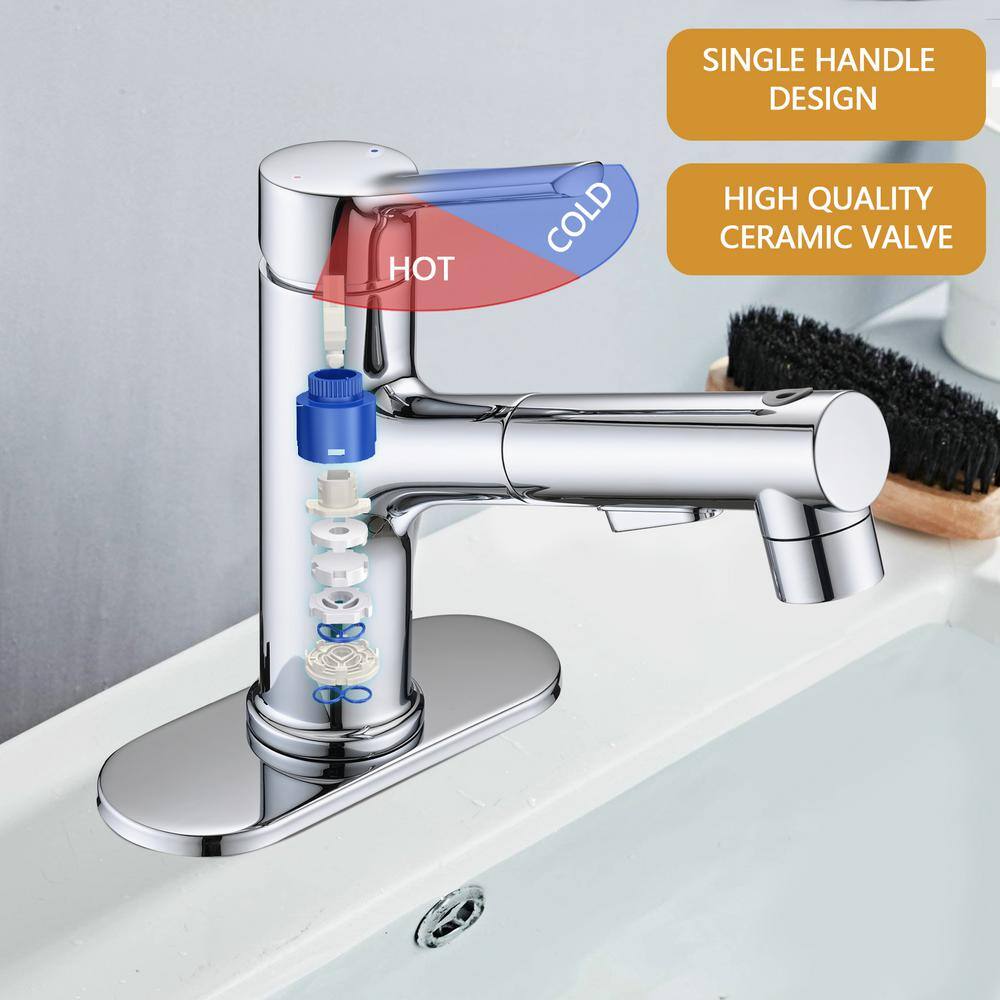 Polished Chrome Single Handle Bathroom Faucet with Deckplate and Drain Kit