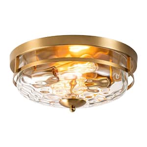 Huson 12.9 in. 2-Light Aged Brass Industrial Farmhouse Flush Mount with Clear Bubble Water Rippled Glass Shade