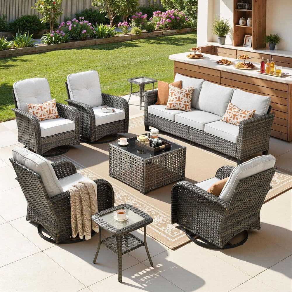 Mirada 8-Piece All-Weather Wicker Outdoor Patio Conversation Sofa Set with Swivel Chairs and Light Gray Cushions price history on PriceWatchPro