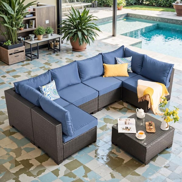 Geranium 7-Piece Wicker Outdoor Patio Conversation with Coffee Table and Dark Blue Cushion