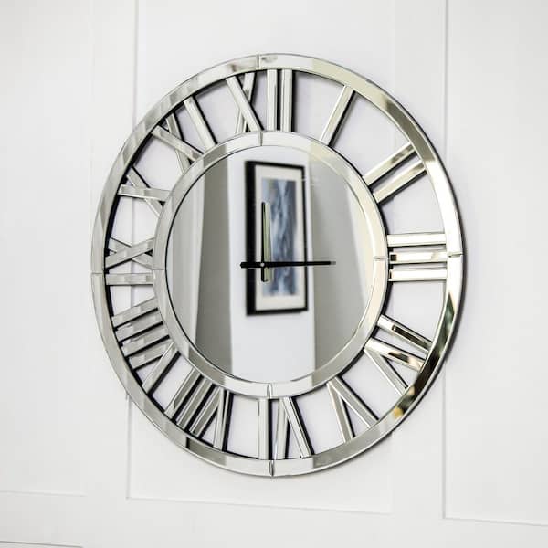 THKSHOUZ Modern Elegance Silver Roman Numeral Wall Clock - Mirror Finish Open Framework, Ideal for Modern Interiors