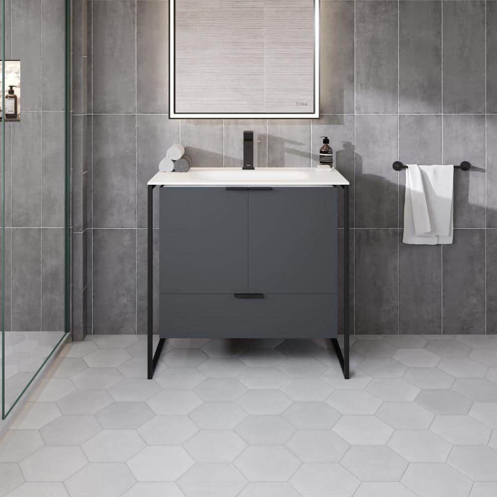 Onyx 34 in. Single Sink Floating Gray Bath Vanity with White Solid Surface Top (Assembled) price history on PriceWatchPro
