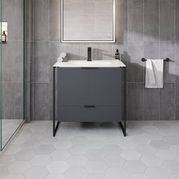 Onyx 34 in. Single Sink Floating Gray Bath Vanity with White Solid Surface Top (Assembled)