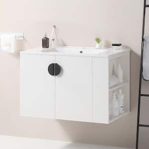 30 in. W Single Sinks Wall Mounted Bath Vanity in White with White Ceramic Top and Right Side Shelf