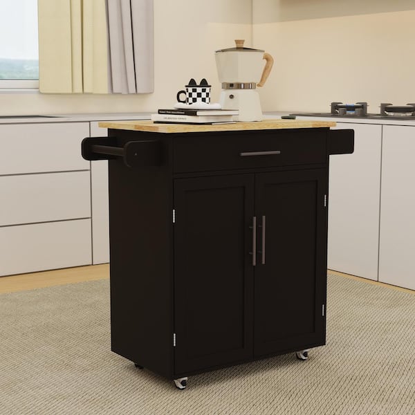 FAMYYT Rolling Black Rubber Wood Table Top 33 in. Kitchen Island with Drawer and Adjustable Shelves