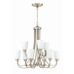 Grace 9-Light Brushed Nickel Finish with White Glass Transitional Chandelier for Kitchen/Dining/Foyer, No Bulbs Included