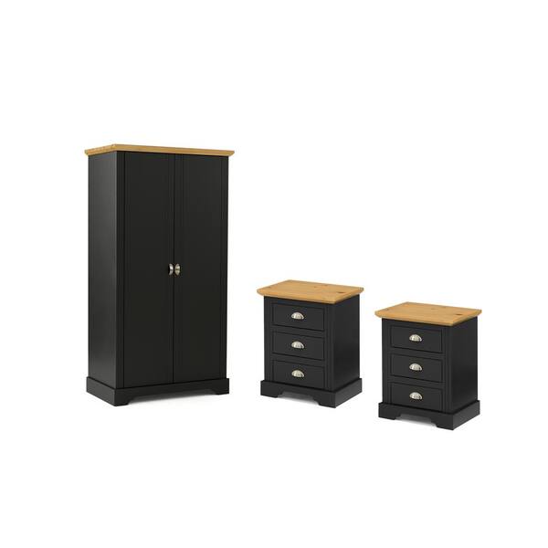 Herval 2Nightstand and 1Wardrobe in Gray Solid Wood with a Pine Wood