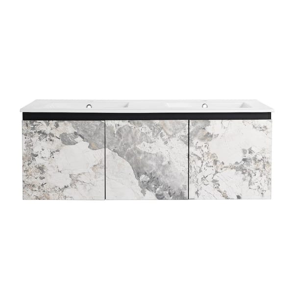 FUNKOL 18.3 in. W x 47.6 in. D x 17.3 in. H 2-Sinks Wall-Mounted Bath Vanity in Marble Pattern with White Ceramic Top