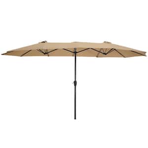 15 ft. Market Patio Umbrella Large Double-Sided Rectangular Twin Umbrella with light and base in Taupe