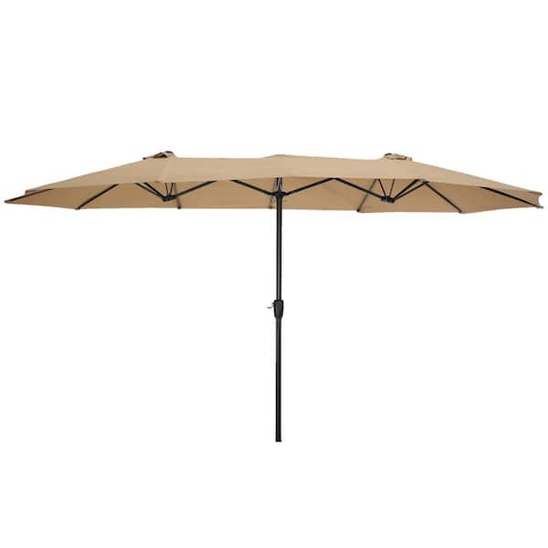 Runesay 15 ft. Market Patio Umbrella Large Double-Sided Rectangular Twin Umbrella with light and base in Taupe