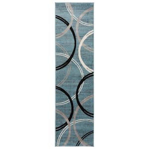 Modern Abstract Circles Design Blue 24 in. x 120 in. Runner Rug