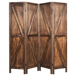 4-Panels Brown Folding Wooden Room Divider W/V-Shaped Design 5.6 ft. Tall