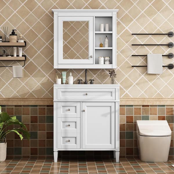 30 in. W x 18 in. D x 33 in. H Single Sink Freestanding Bath Vanity in White with White Resin Top