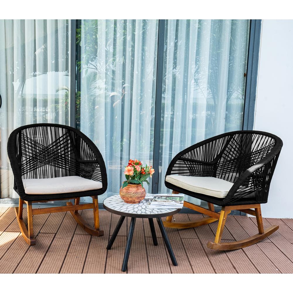 MADE 4 HOME Lucerne Black Frame Brown 3Piece Wooden Rocking Legs Outdoor Bistro Set with White