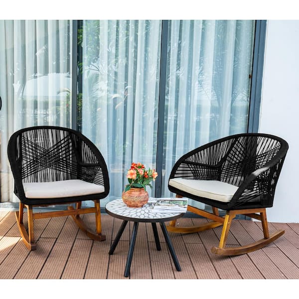 MADE 4 HOME Lucerne Black Frame Brown 3-Piece Wooden Rocking Legs Outdoor Bistro Set with White Cushions
