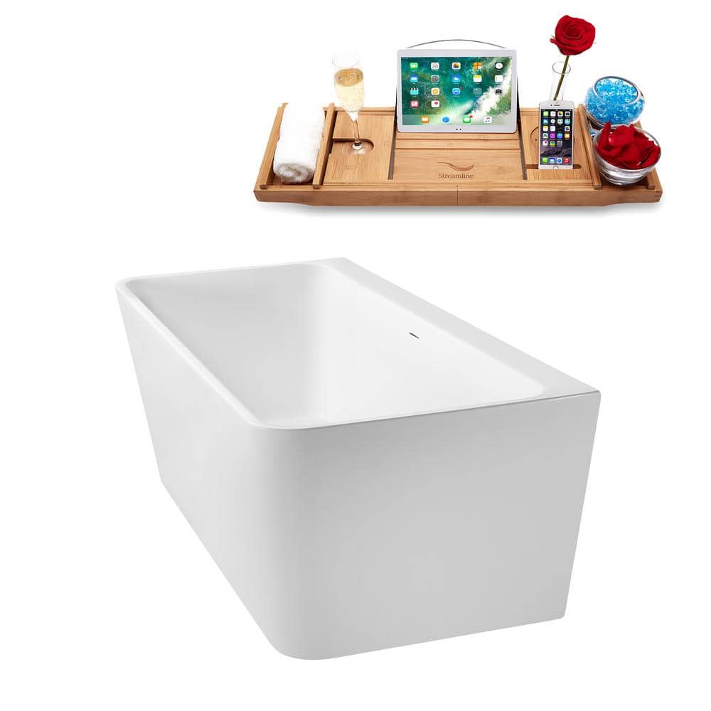 67" Glossy White Acrylic Freestanding Soaking Tub with Bamboo Tray