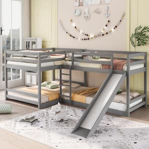 Gray L-shaped Full and Twin Size Bunk Beds with Slide and Ladder, Double Wood Bunk Beds for 4 Kids and Teens