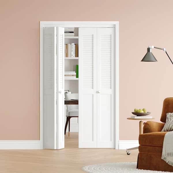 48 in. W. x 80 in. Solid Core, MDF Wood, White, PVC Covering, Half Louver Half Panel MDF Bi-fold Door with Hardware Kits