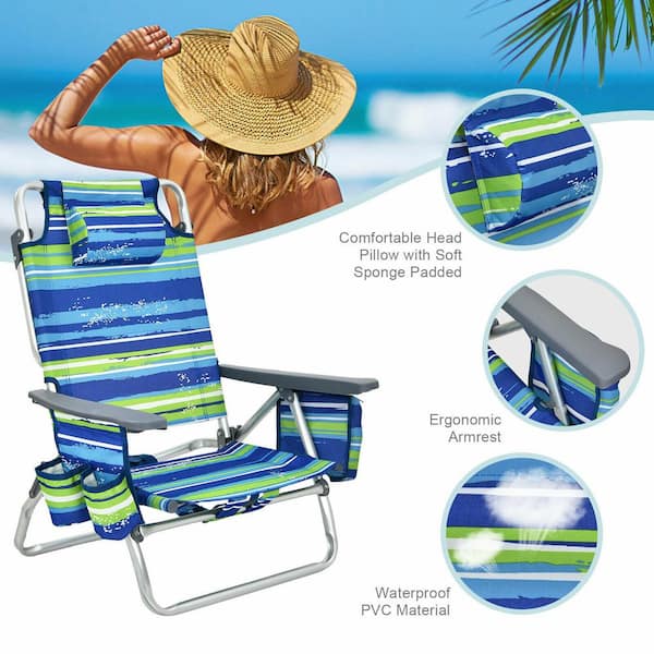 Aluminum 5-Position Adjustable Outdoor Folding Reclining Beach Chair with Backpack, Rainbow Stripe, Orange(2-Pack)