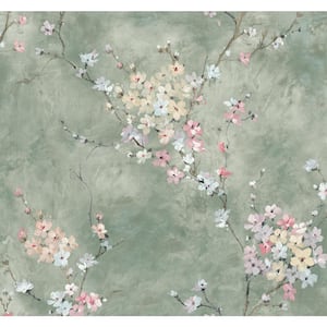 Green Smoke Floral Blossom Vinyl Peel and Stick Wallpaper Roll (40.5 sq. ft.)