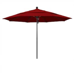 11 ft. Black Aluminum Commercial Market Patio Umbrella with Fiberglass Ribs and Pulley Lift in Jockey Red Sunbrella
