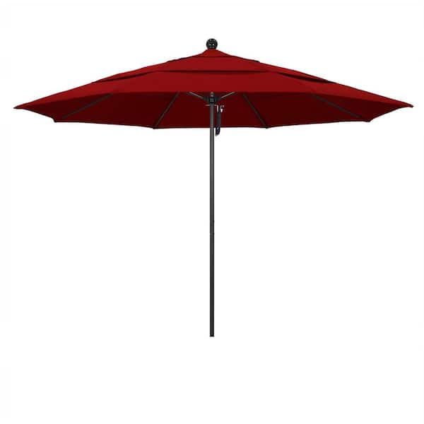 11 ft. Black Aluminum Commercial Market Patio Umbrella with Fiberglass Ribs and Pulley Lift in Jockey Red Sunbrella